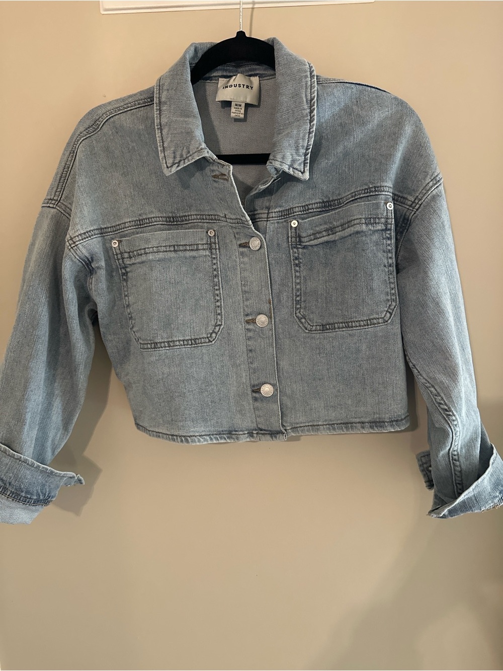 Industry Cropped Denim Jacket Women Medium Light Wash Button Front Trendy